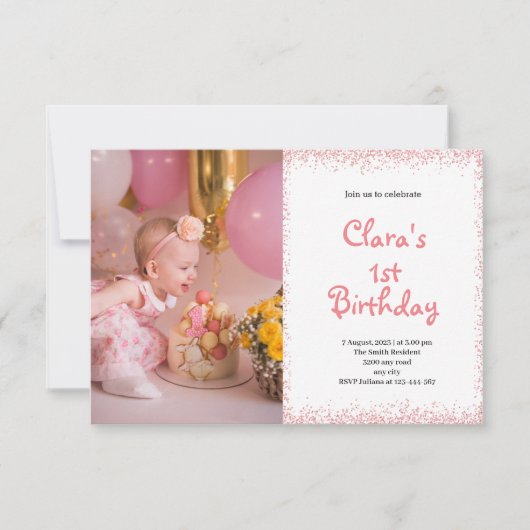 ピンクファースト誕生日ベビーガールフォト招待状 (正面)