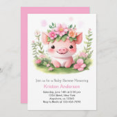 ピンクファーミヤードピグレットガールベビーシャワー 招待状 (正面/裏面)