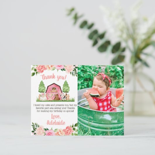 ピンクファームの写真1歳の誕生日ありがとうはがき ポストカード (スタンド正面)