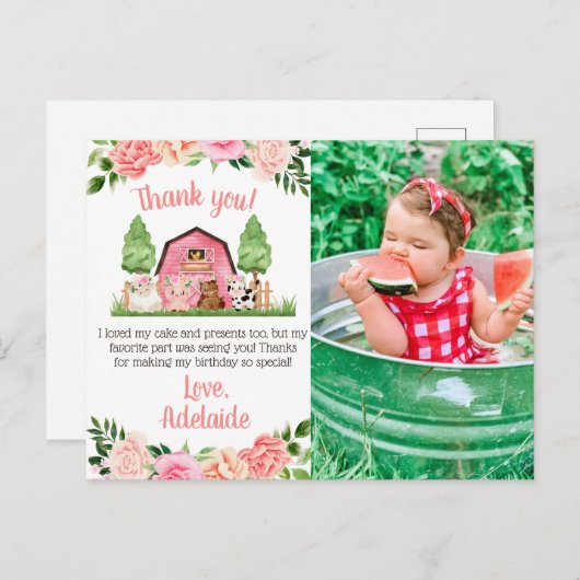 ピンクファームの写真1歳の誕生日ありがとうはがき ポストカード (正面/裏面)