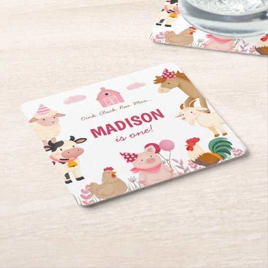 ピンクファームアニマルバーンドテーマバースデーパーティー スクエアペーパーコースター