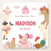 ピンクファームアニマルバーンドテーマバースデーパーティー スクエアペーパーコースター (正面)