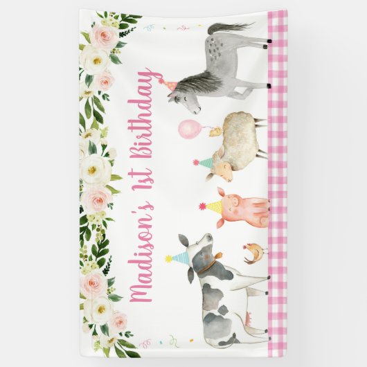 ピンクファームアニマルフローラ誕生日 横断幕 (縦)