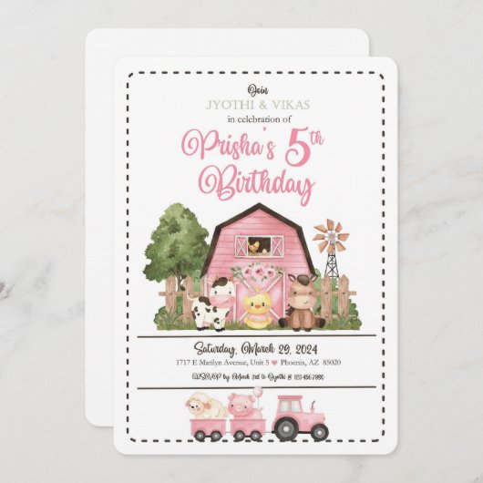 ピンクファームアニマル誕生日招待状 招待状 (正面/裏面)