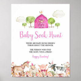 ピンクファームハウスアニマルズ納屋周囲の庭ベビーソック狩り ポスター
