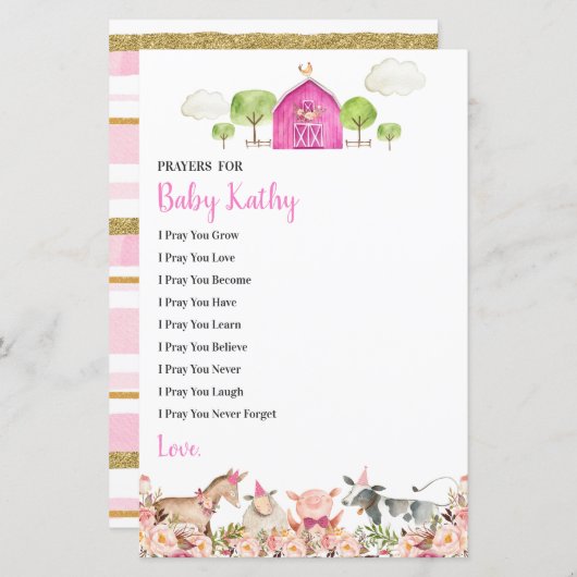 ピンクファームハウスアニマルズ納屋周囲の庭祈りの言葉forベビー (正面/裏面)