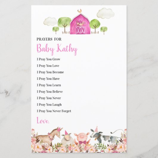 ピンクファームハウスアニマルズ納屋周囲の庭祈りの言葉forベビー (正面)
