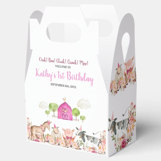 ピンクファームハウスアニマルズ納屋周囲の庭1st誕生日 フェイバーボックス (オープン)