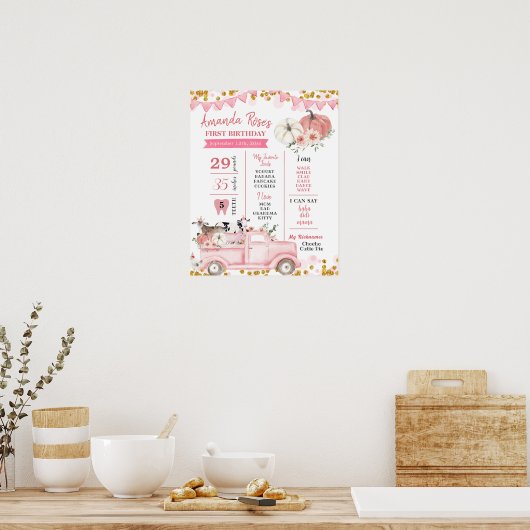 ピンクファームパンプキントラックファースト誕生日サイン ポスター (キッチン)