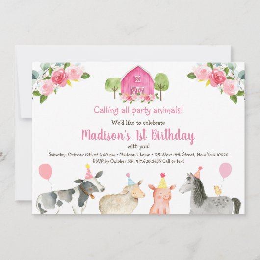 ピンクファームパーティー動物誕生日 招待状 (正面)