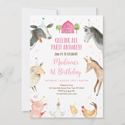 ピンクファームパーティー動物誕生日 招待状 (正面)
