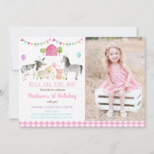 ピンクファームパーティー誕生日 招待状 (正面)