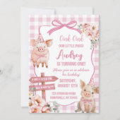 ピンクファームピギーガール誕生日招待状 招待状 (正面)