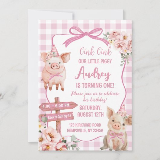 ピンクファームピギーガール誕生日招待状 招待状 (正面)