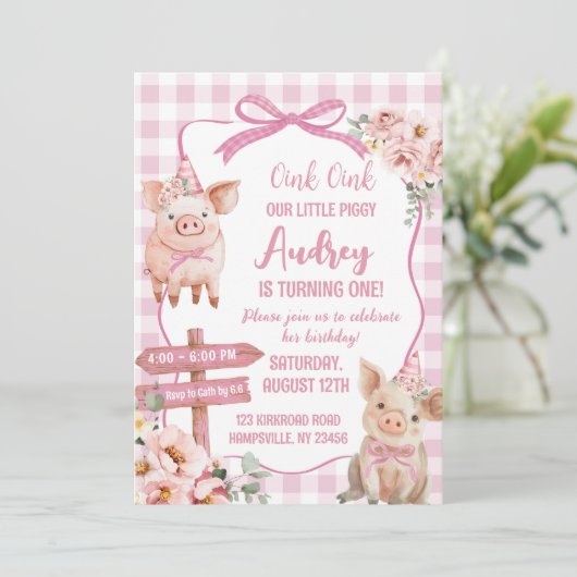 ピンクファームピギーガール誕生日招待状 招待状 (スタンド正面)