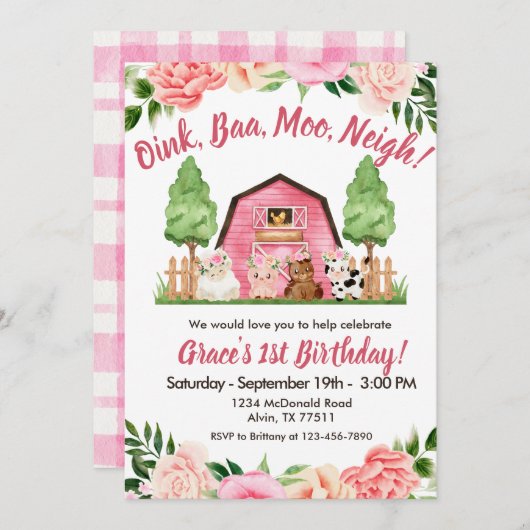 ピンクファームフローラ納屋周囲の庭1st誕生日招待状 招待状 (正面/裏面)