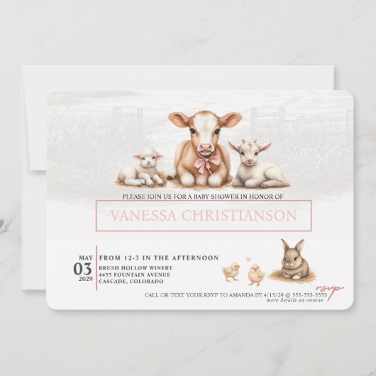 ピンクファームベビーシャワー 招待状 (正面)