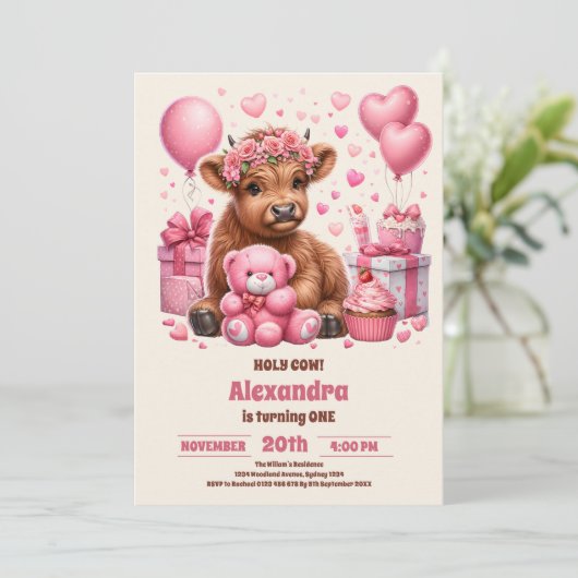 ピンクファームホーリーカウハイランド1回目の誕生日 招待状 (スタンド正面)