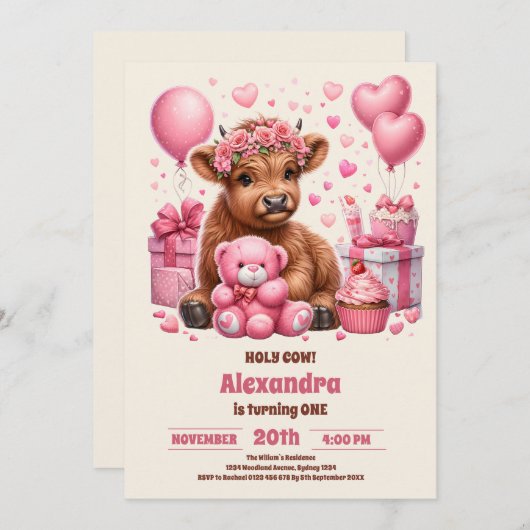 ピンクファームホーリーカウハイランド1回目の誕生日 招待状 (正面/裏面)