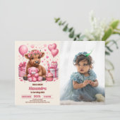 ピンクファームホーリーカウハイランド1歳の誕生日の写真 招待状 (スタンド正面)