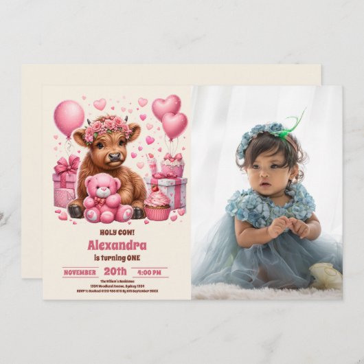 ピンクファームホーリーカウハイランド1歳の誕生日の写真 招待状 (正面/裏面)