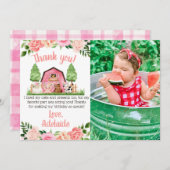 ピンクファーム写真1st誕生日サンキューカード 招待状 (正面/裏面)