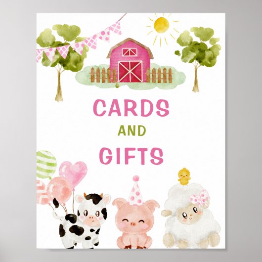 ピンクファーム動物の誕生日パーティーカードとギフト ポスター (正面)