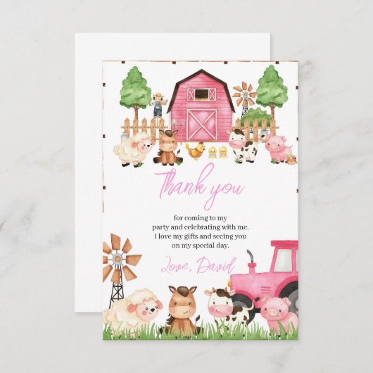 ピンクファーム動物の誕生日パーティー サンキューカード (正面/裏面)