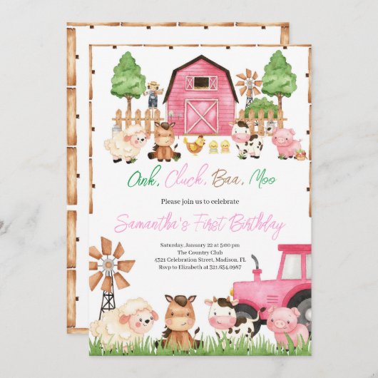 ピンクファーム動物の誕生日パーティー 招待状 (正面/裏面)