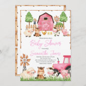 ピンクファーム動物の赤ちゃんシャワー 招待状 (正面/裏面)