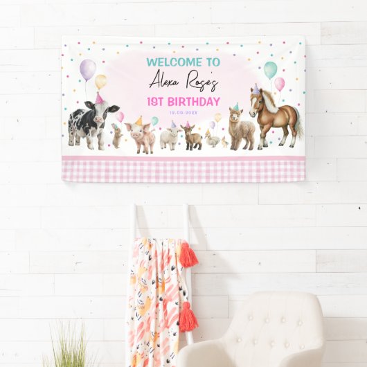 ピンクファーム動物の風船ガールバースデーパーティー 横断幕 (インサイチュ)