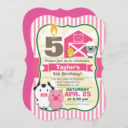 ピンクファーム動物ガールズバースデーパーティー 招待状 (正面/裏面)