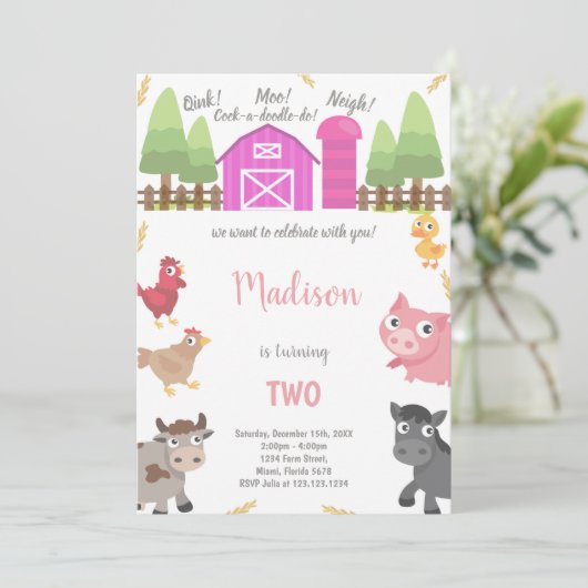 ピンクファーム動物招待状 招待状 (スタンド正面)