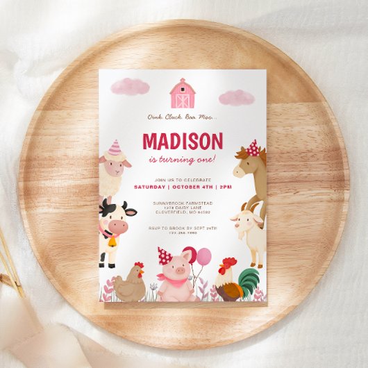 ピンクファーム動物納屋周囲の庭最初の誕生日パーティー 招待状