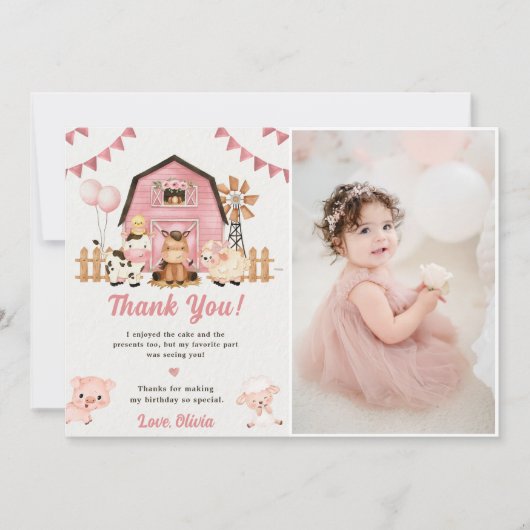 ピンクファーム動物誕生日写真サンキューカード 招待状 (正面)
