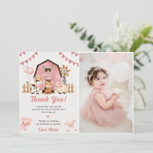 ピンクファーム動物誕生日写真サンキューカード 招待状 (スタンド正面)