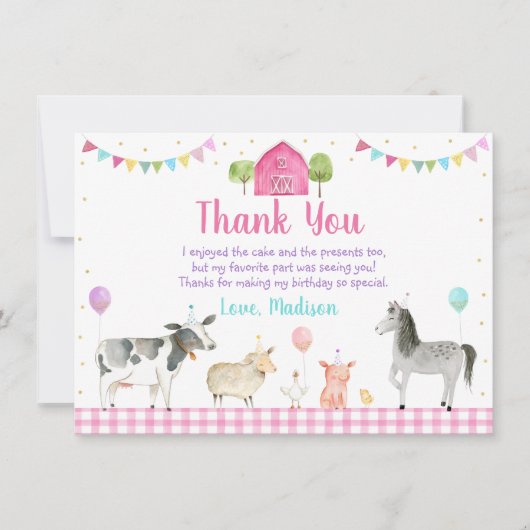 ピンクファーム納屋周囲の庭ファームアニマル誕生日 サンキューカード (正面)