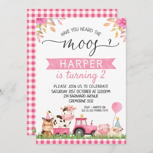 ピンクファーム聞いたことがあるMoos誕生日 招待状 (正面/裏面)