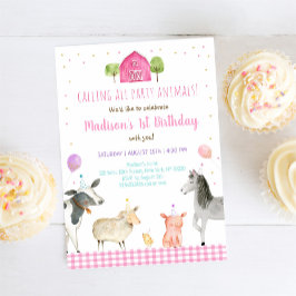 ピンクファーム誕生日パーティー動物 招待状
