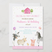 ピンクファーム誕生日パーティー動物 招待状 (正面)