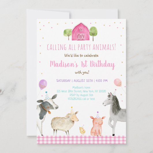 ピンクファーム誕生日パーティー動物 招待状 (正面)