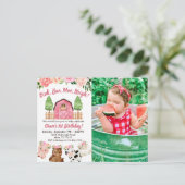 ピンクファーム/バーン第1誕生日フォト招待状 ポストカード (スタンド正面)