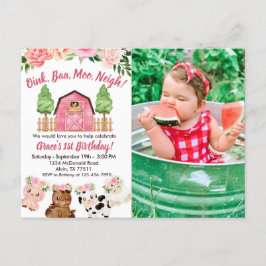ピンクファーム/バーン 1歳の誕生日 写真招待状 ポストカード