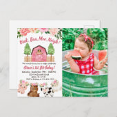 ピンクファーム/バーン 1歳の誕生日 写真招待状 ポストカード (正面/裏面)
