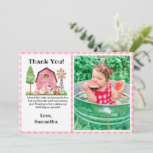 ピンクファーム/納屋周囲の庭誕生日写真サンキューカード  サンキューカード (スタンド正面)