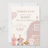 ピンクファーム 誕生日 招待状,Three-I-E-I-O 3歳の誕生日 招待状 (正面)