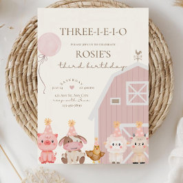 ピンクファーム 誕生日 招待状,Three-I-E-I-O 3歳の誕生日 招待状