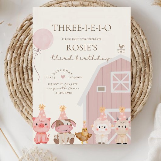 ピンクファーム 誕生日 招待状,Three-I-E-I-O 3歳の誕生日 招待状
