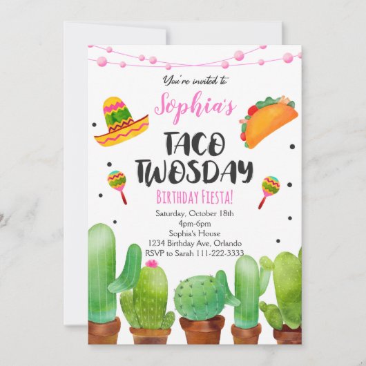 ピンクフィエスタタコトゥーズデイウォーターカラーサボテン招待状 招待状 (正面)