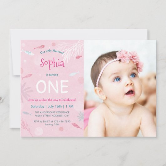 ピンクフィッシュ子供の誕生日パーティーフォトカード 招待状 (正面)
